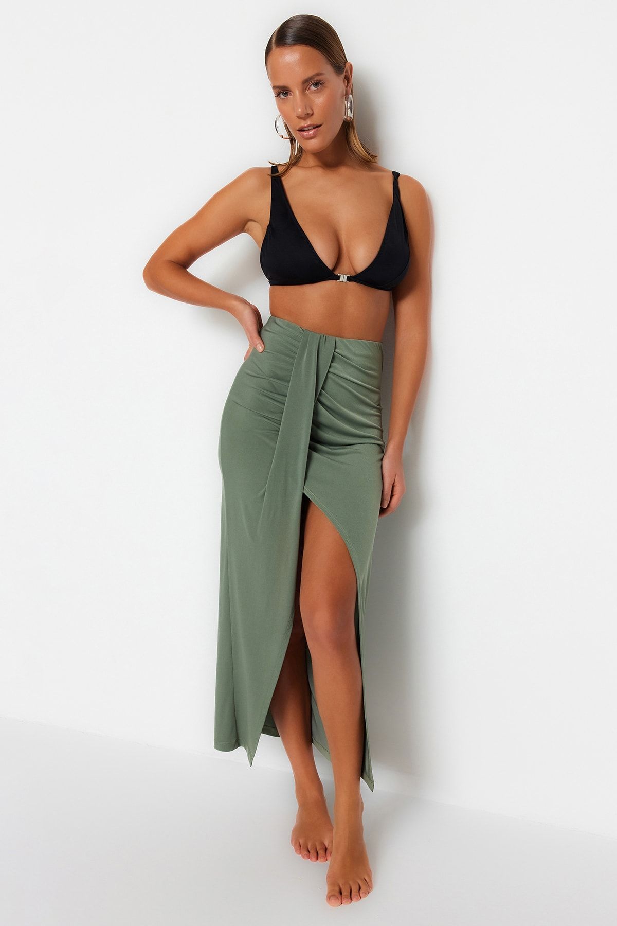 Trendyol Collection Khaki Fitted Maxi Woven Slit Skirt TBESS23ET00021