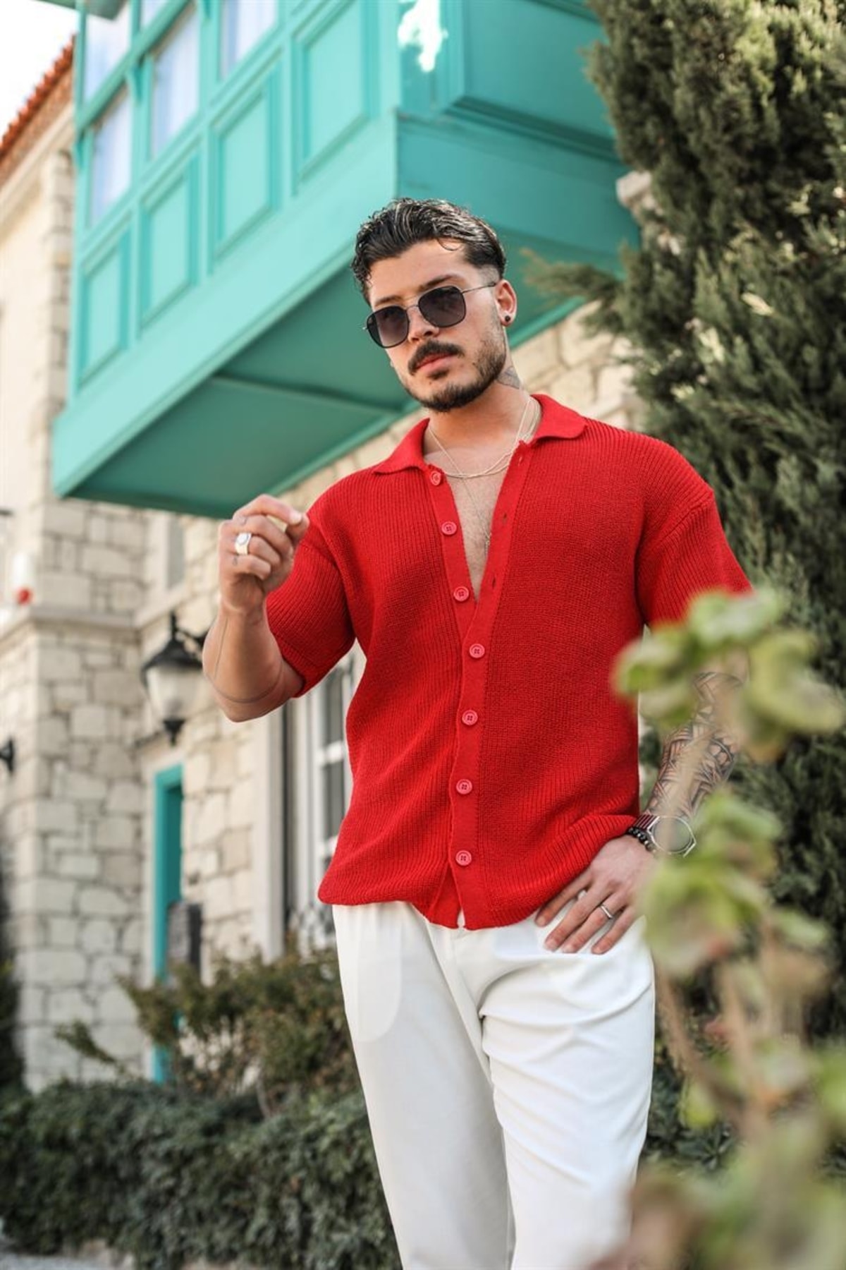 OUTFİT MAN Örme Polo Yaka Ince Triko Gömlek Kırmızı