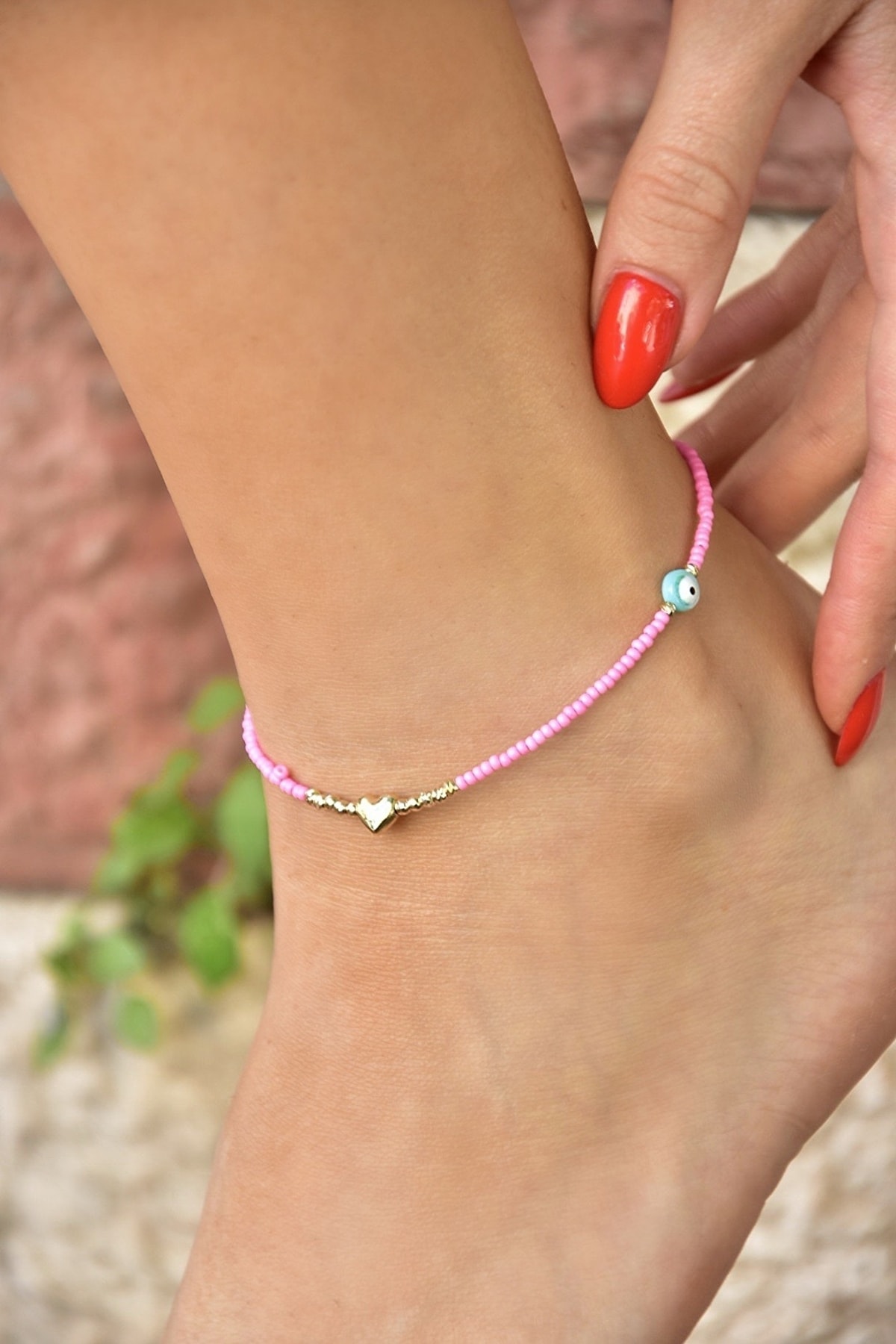 Fox Shoes Nazar Boncuk Detaylı Kalp Uçlu Pembe Kum Boncuk Halhal Ka071260