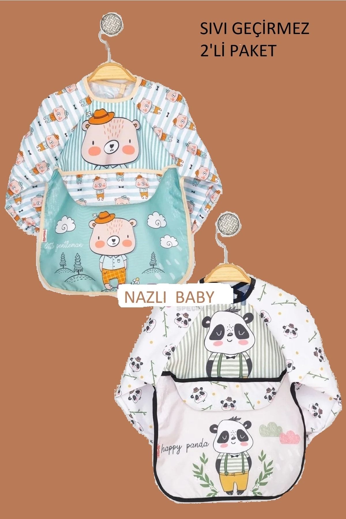 dubi baby Bebechi Cepli Giyilebilir Sıvı Geçirmez Uzun Kol Mama Ve Aktivite Önlüğü ( Panda - Bear )
