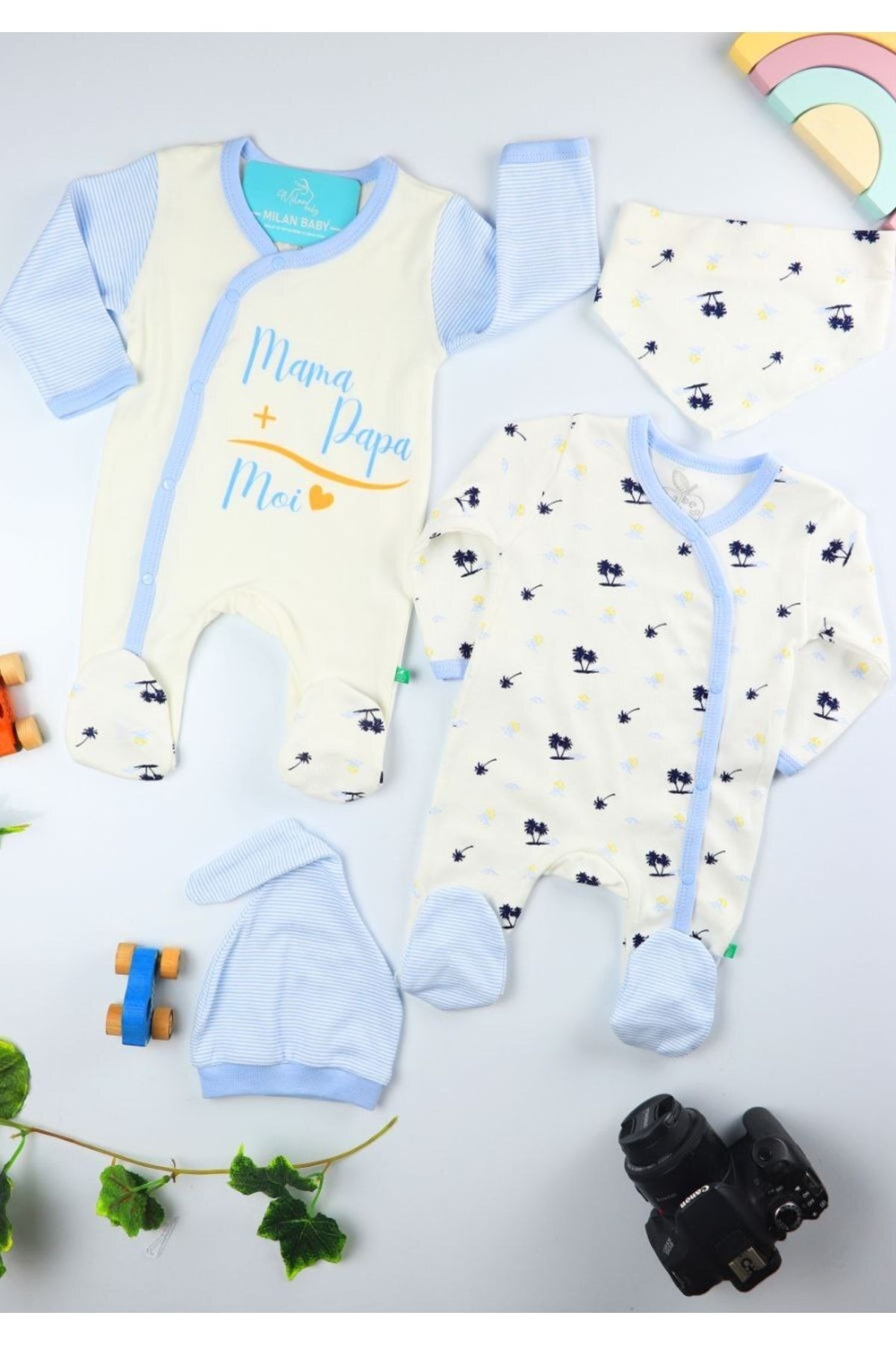 MİLAN BABY Yenidoğan Palmiye Desenli 2'li Uzun Kollu Erkek Bebek Tulum