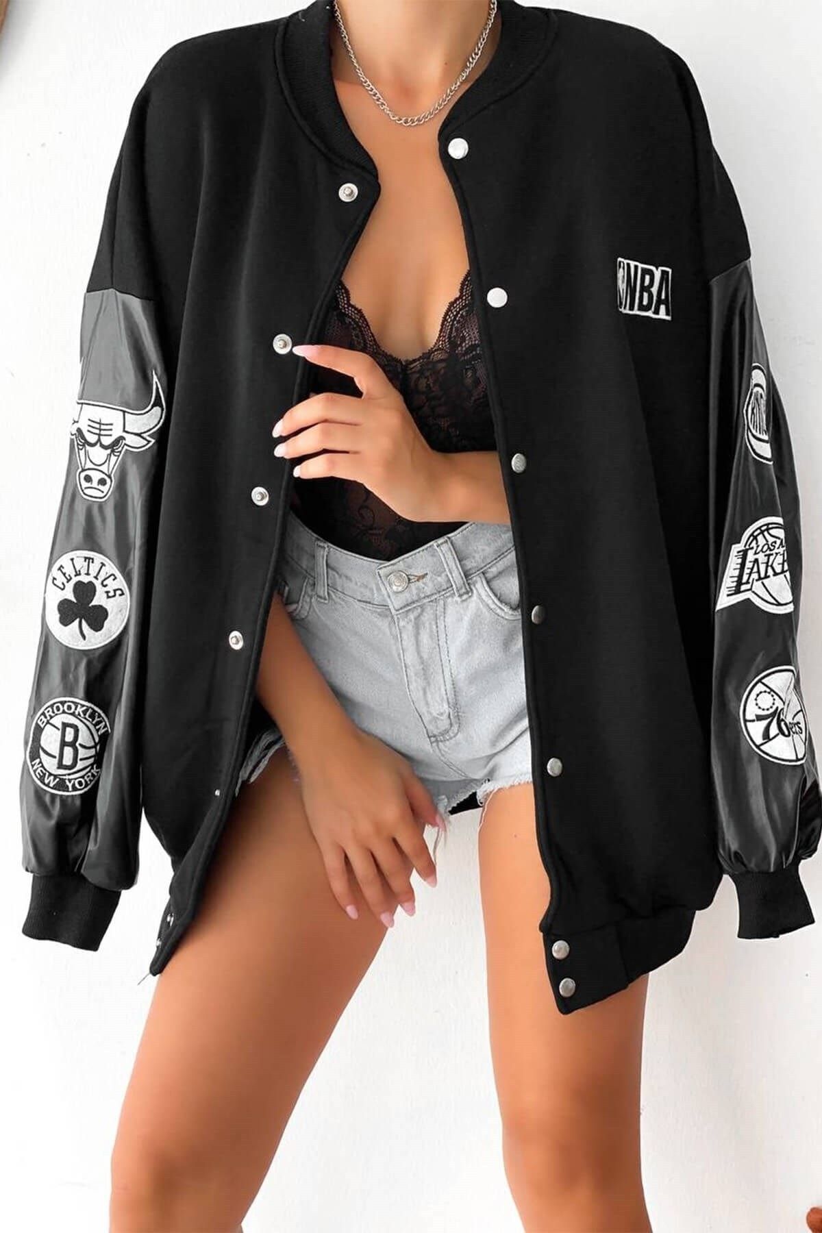Fumood Leather Sleeve Detail Printed Unisex Oversize College