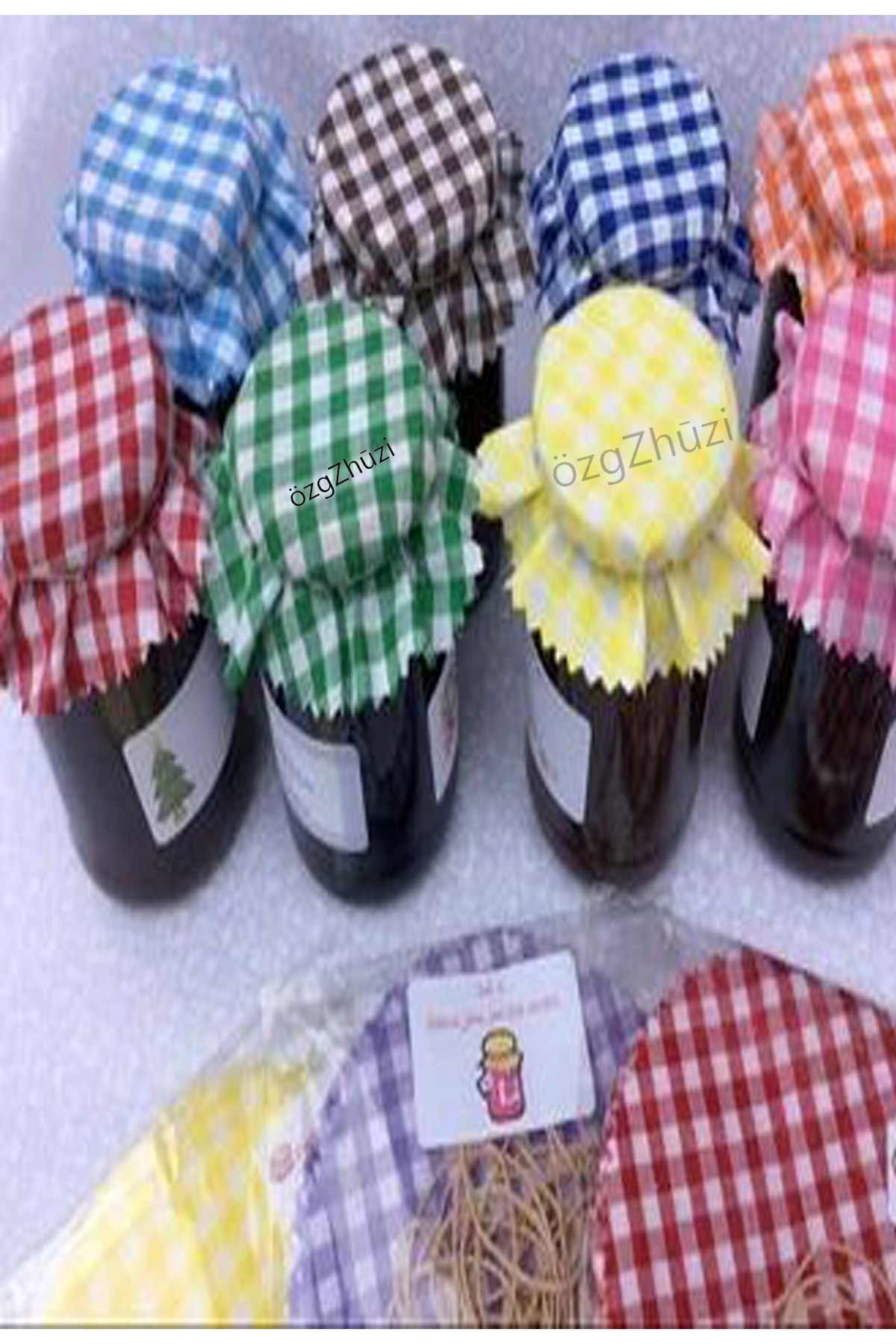 perlina home Gökkuşağı Renkleri Ekoseli Lastikli Kavanoz Kapağı Süsleri (8 Adet )