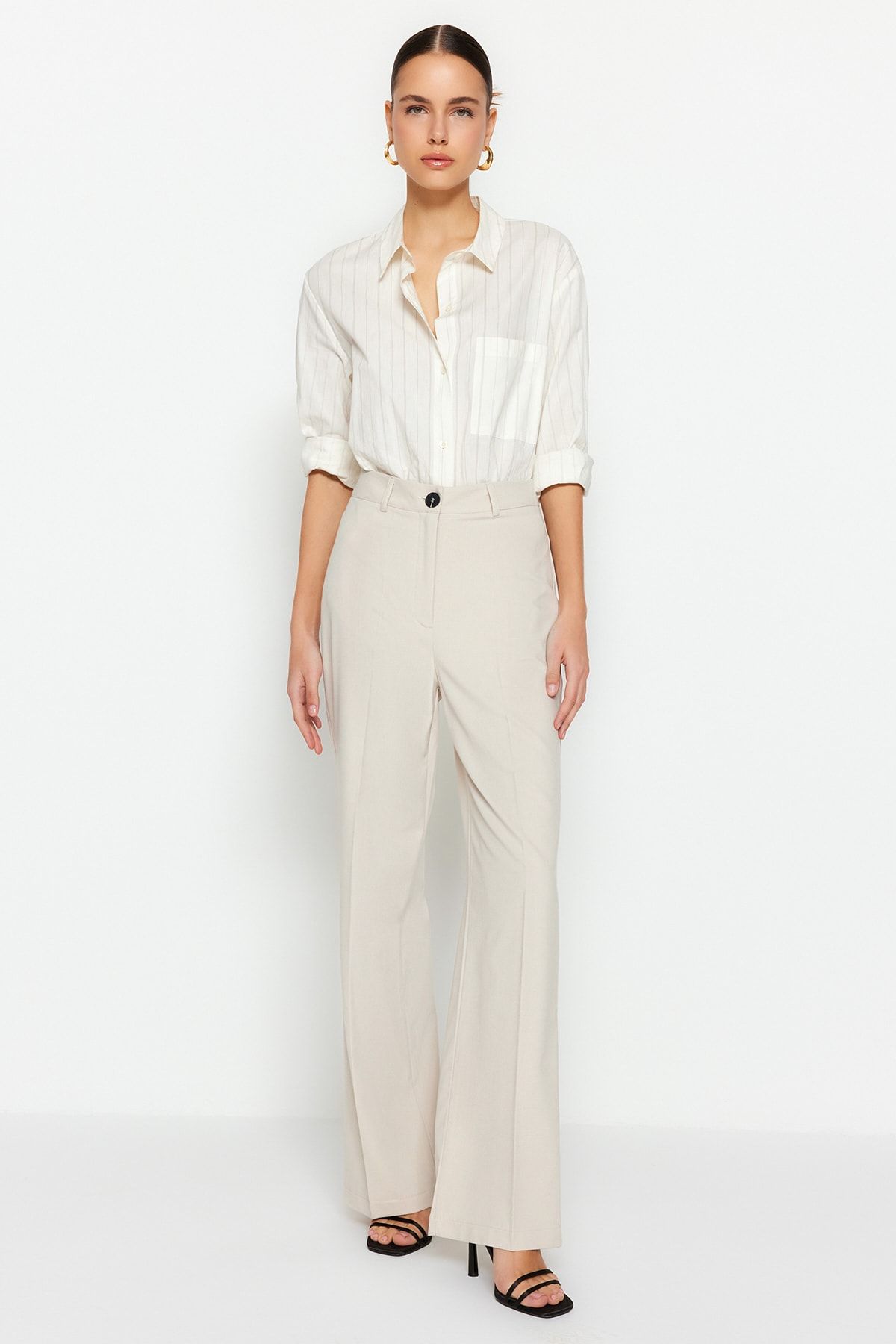 Trendyol Collection-Beigefarbene gewebte Hose mit hoher Taille und weitem Bein – TWOSS23PL00314 6