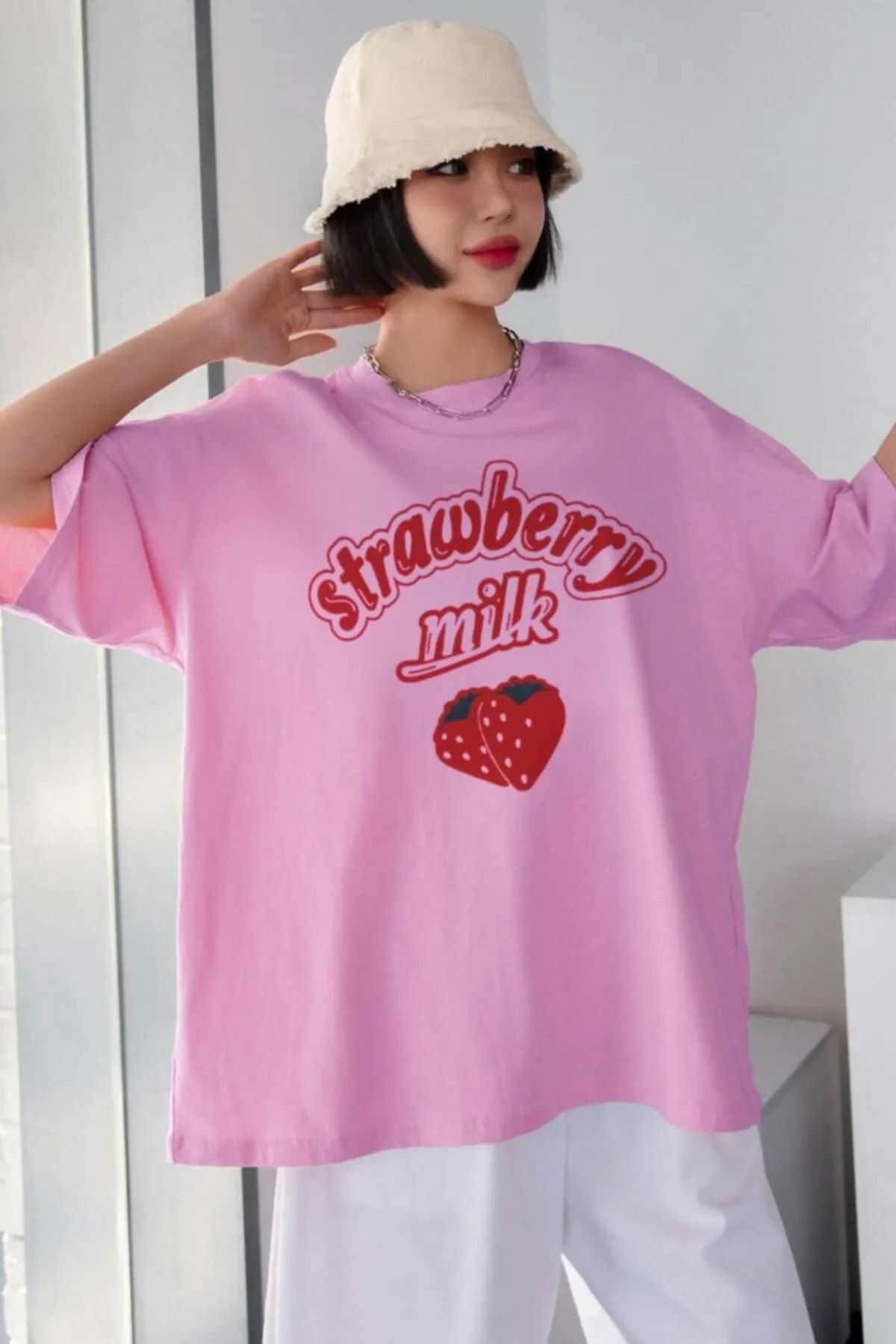 Keywest Large Size Strawberry Strawberry Milk Printed Pink