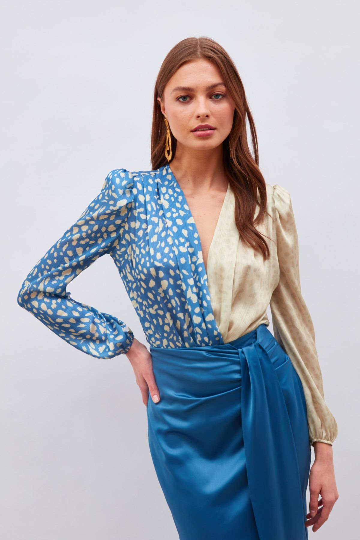 Patterned Double-Breasted Bodysuit Blouse