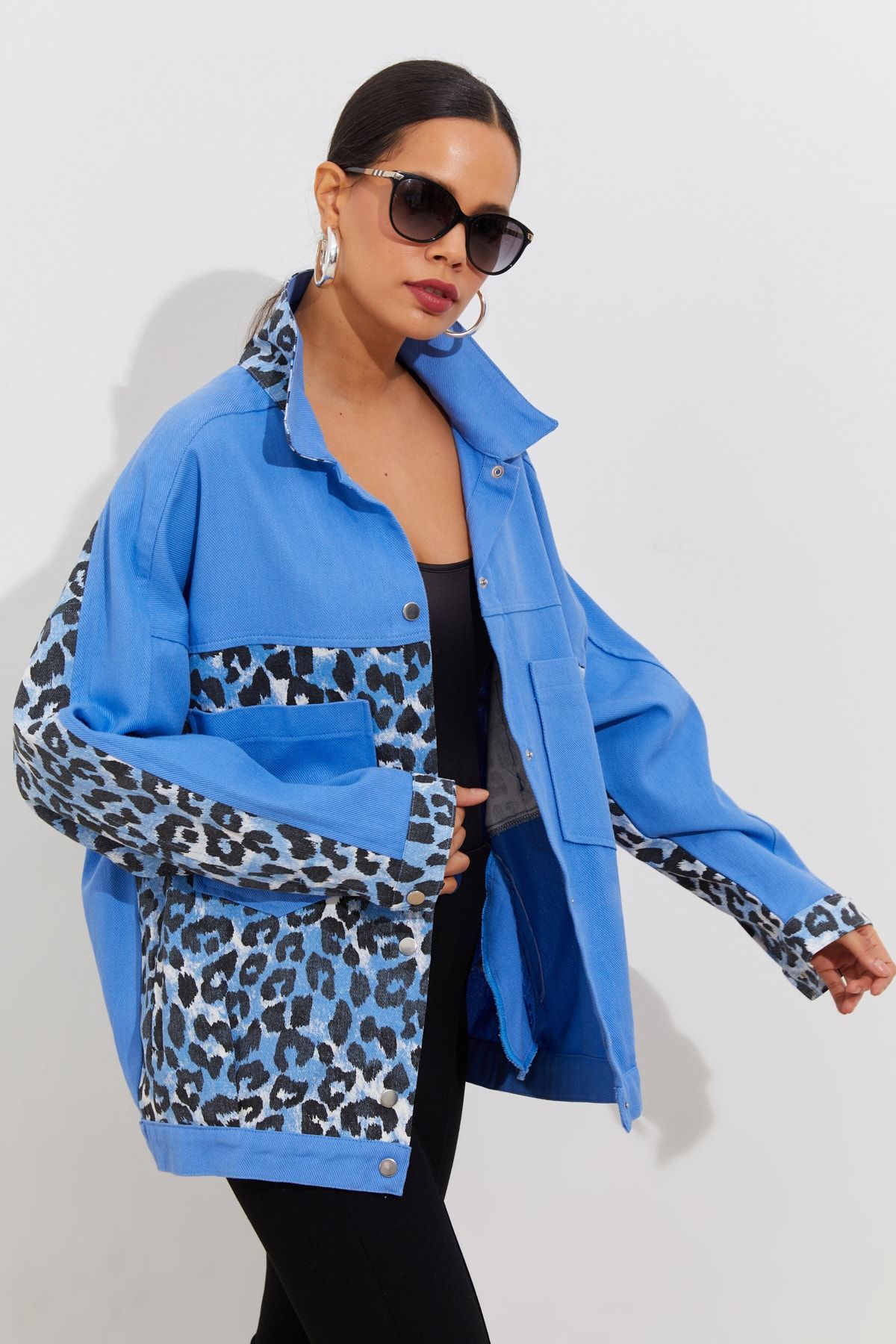 Cool &amp; Sexy Kadın Mavi Leopar Bloklu Denim Ceket TV1426 CE8854
