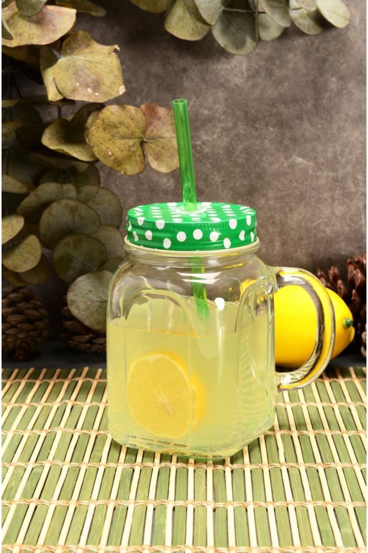 Paşabahçe Green Metal Lid Glass with Straw and Handle 450 ml