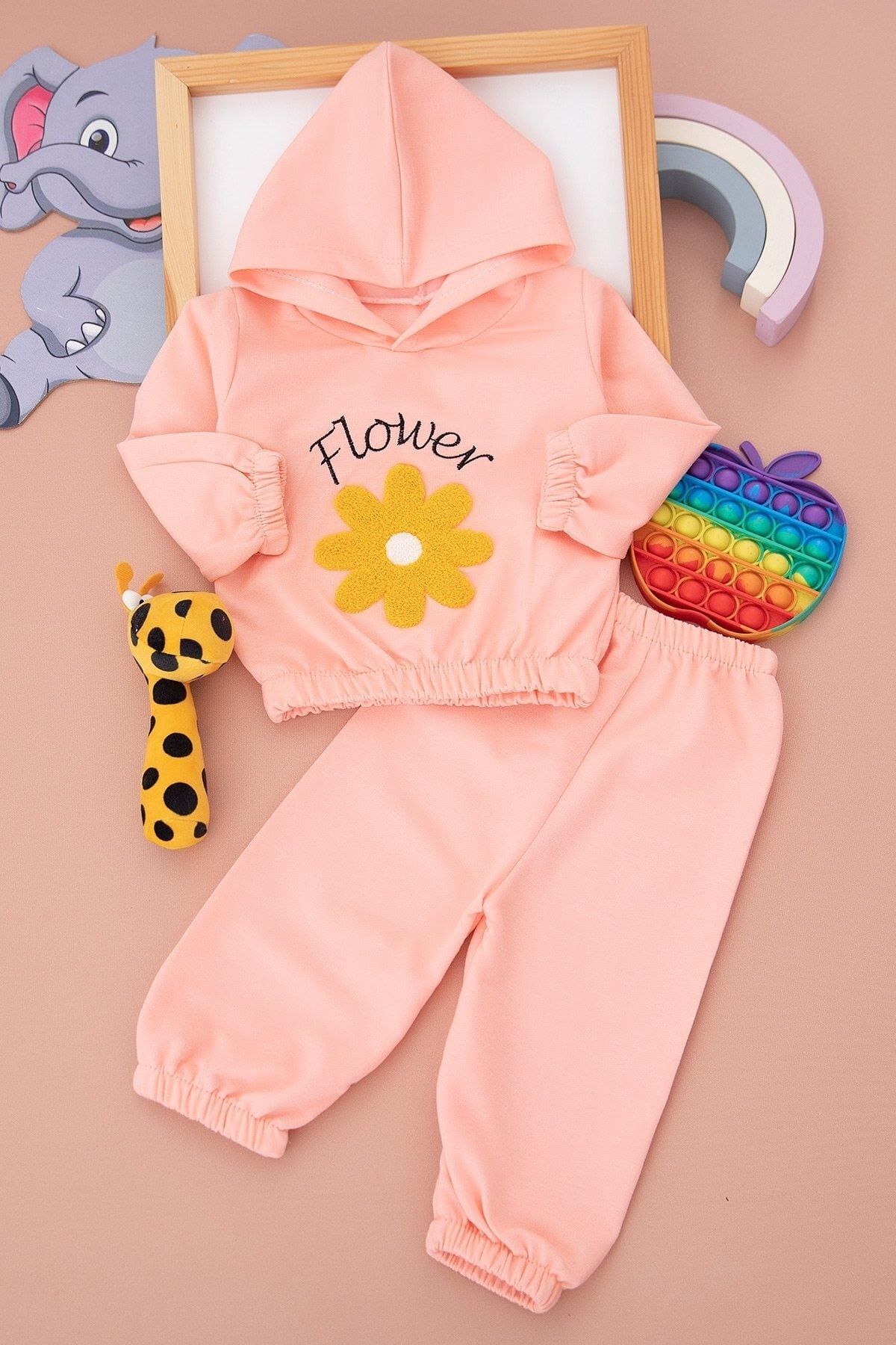 minnik bebe 9-24 Ay Kız Bebek Flower Papatyalı Lastikli Kapşonlu Alt Üst 2li Bebek Takımları