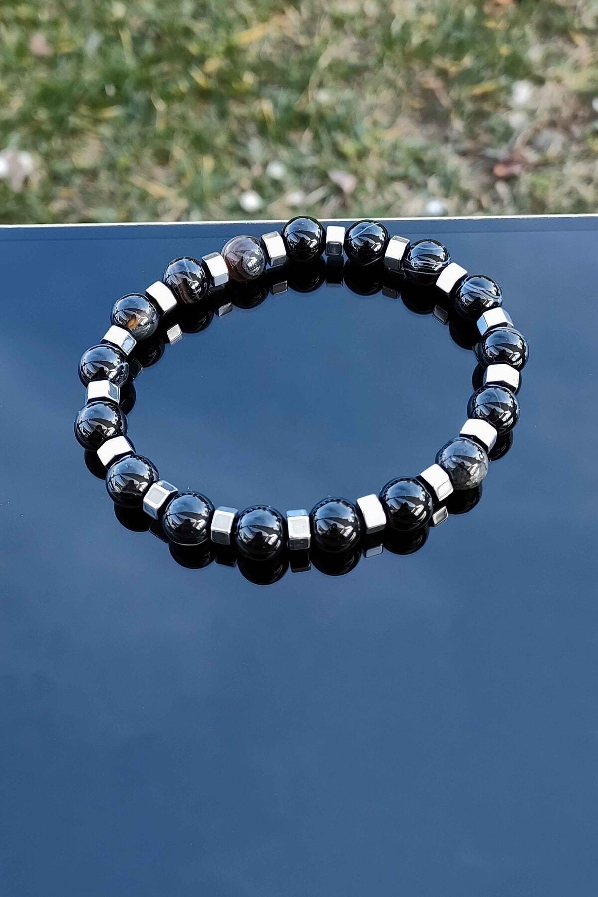 TREND COLLECTİON-Adjustable Natural Stone Men's Bracelet with Black Agate Hematite Detail 2