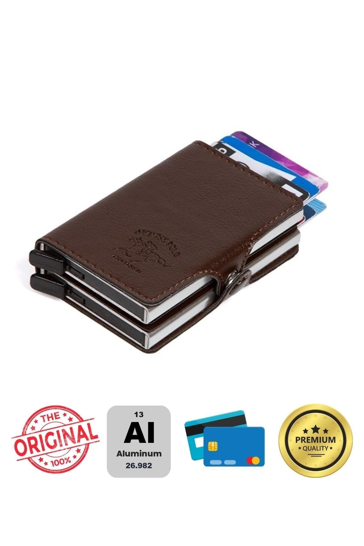 Newish Adelina Unisex Koyu Kahverengi Deri Çift Alüminyum Mekanizmalı Kartlık 7x10 Cm