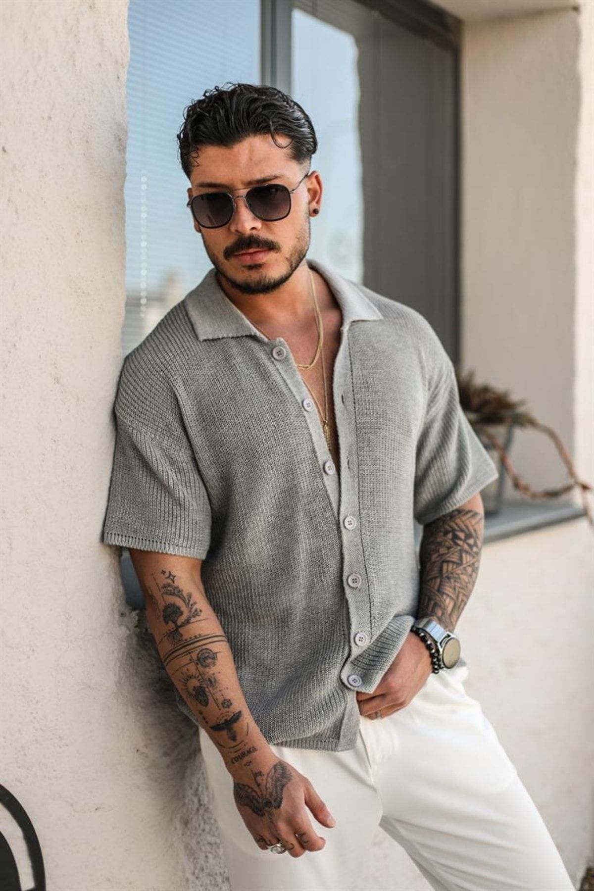 OUTFİT MAN Örme Polo Yaka Ince Triko Gömlek Gri OH7527