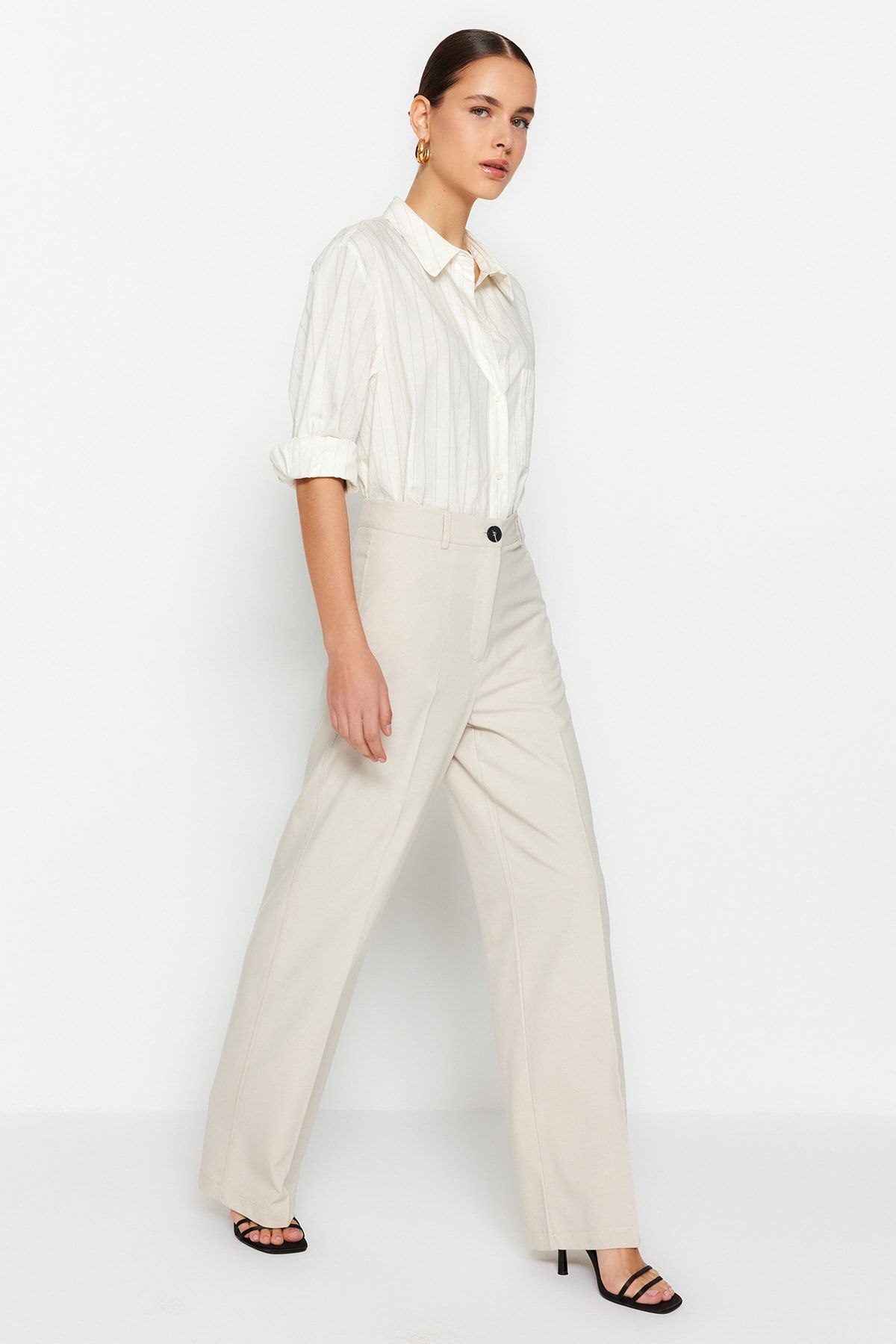 Trendyol Collection-Beigefarbene gewebte Hose mit hoher Taille und weitem Bein – TWOSS23PL00314 10