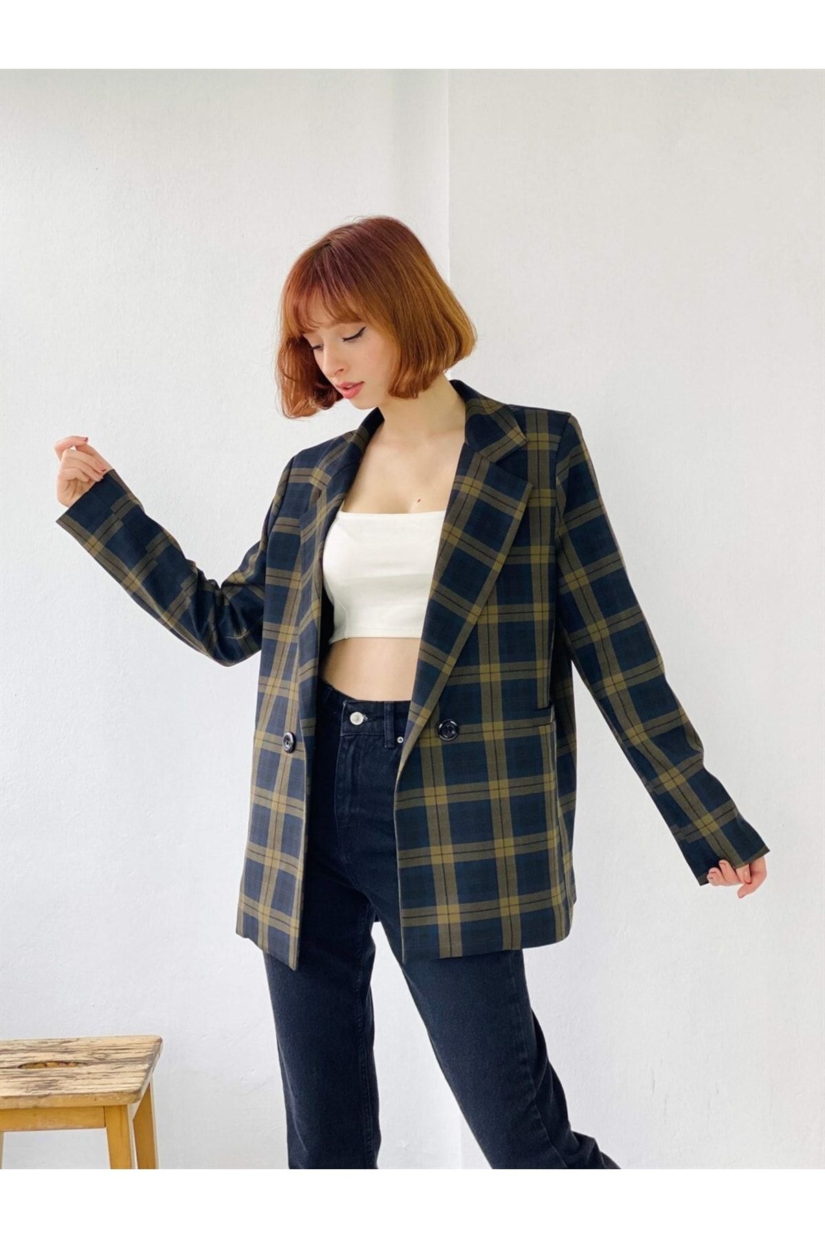 Yellow plaid blazer womens store