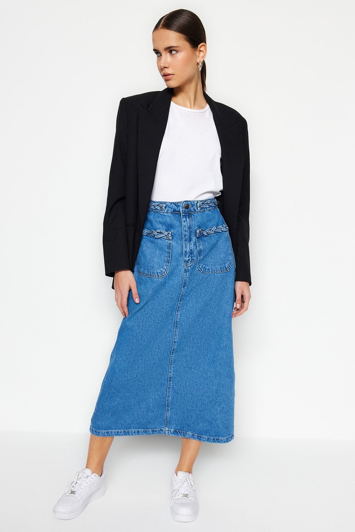 Trendyol Modest İndigo Çift Cepli Denim Kot Etek TCTSS23EE00000