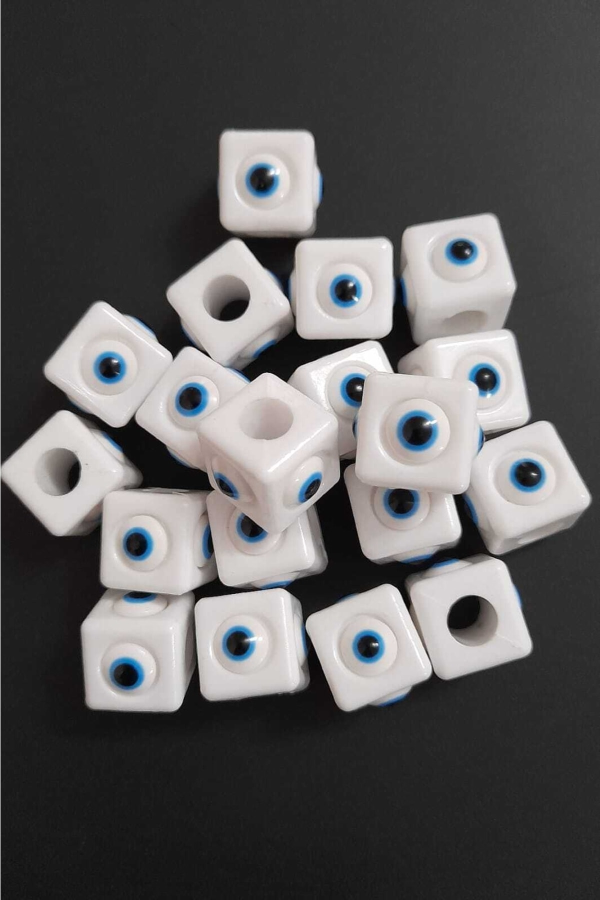 5 Pieces Square Plastic White Evil Eye Beads 1.5 Cm Large Size .