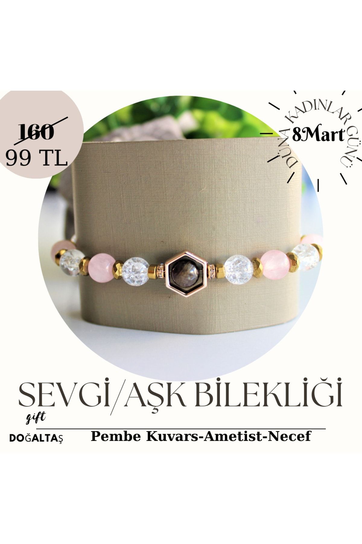 Gift Sellection Gerçek Doğaltaş Ametist Pembe Kuvars Kristal Kuvars (necef), Gold Hematit Taşlı Bileklik, Şifa, Aşk