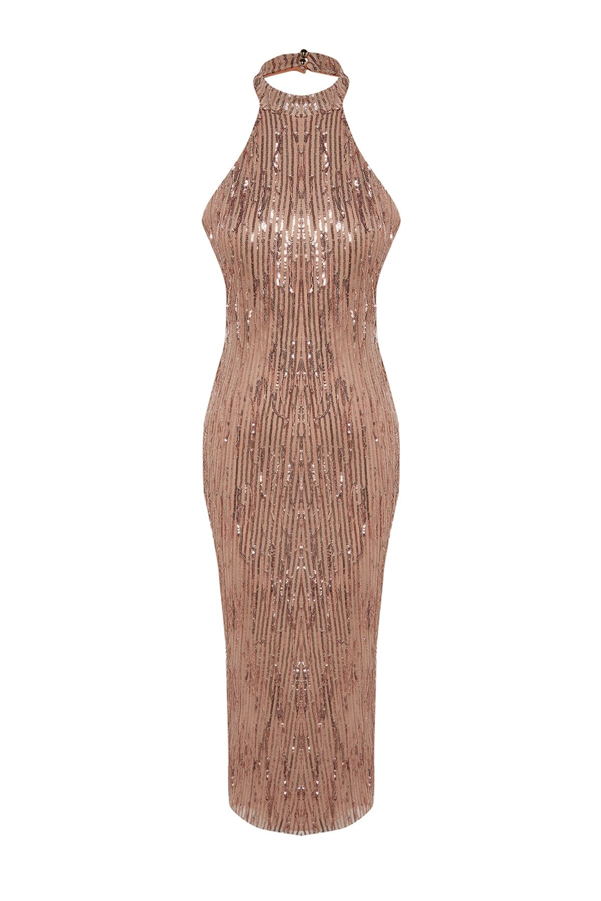 Trendyol Collection-Rochie de seară elegantă cu paiete strălucitoare, căptușită în bronz TPRSS23EL00461 7