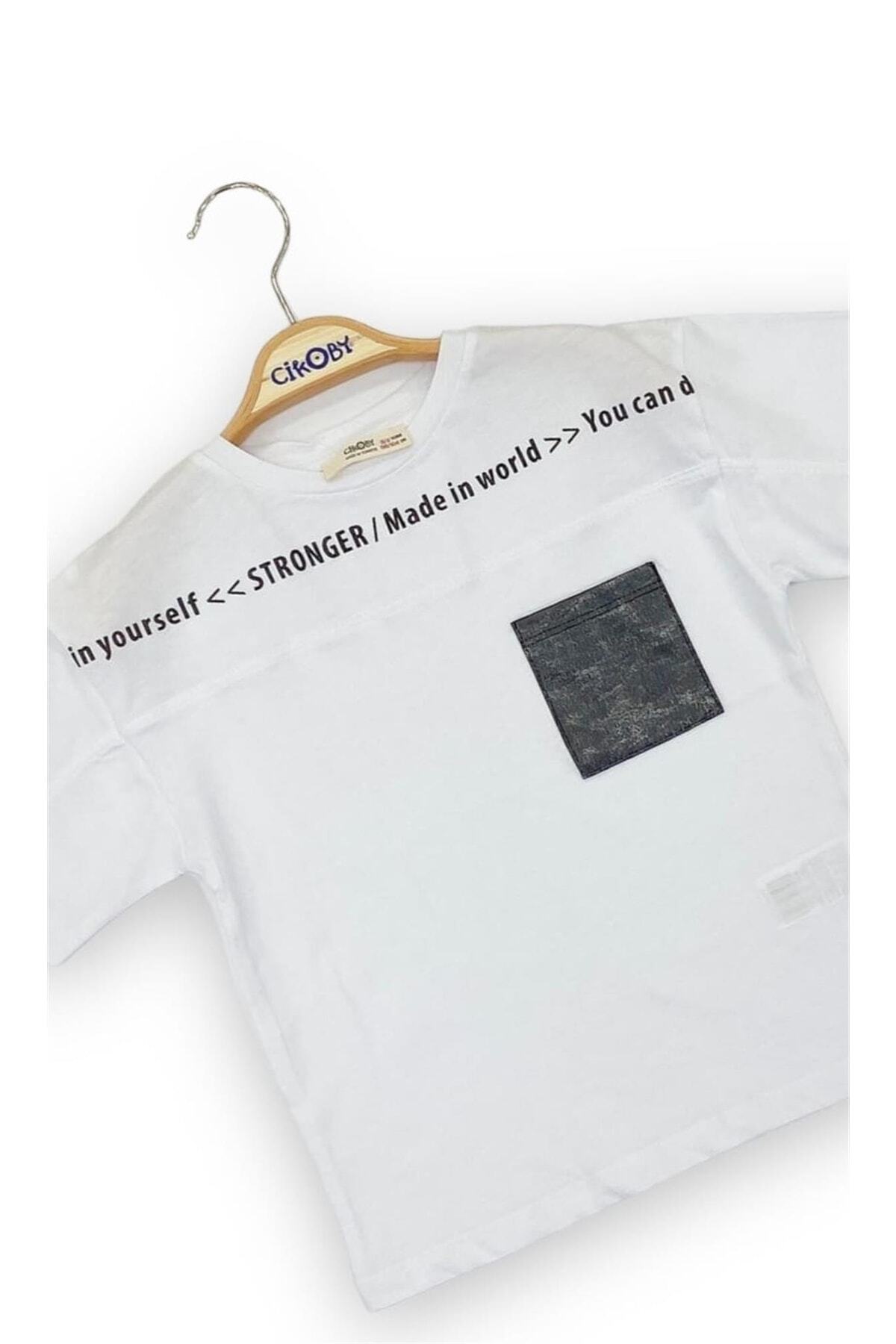 Çikoby-Tricou din bumbac pentru baieti - Detaliu buzunar din piele, Text Stronger 5
