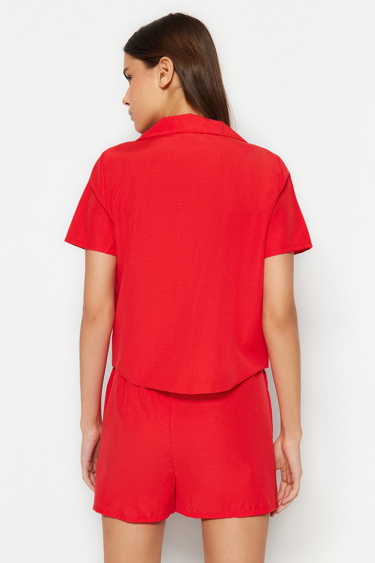 Trendyol Collection-Dunkelrotes, gewebtes Pyjama-Set aus Terrycotton mit Shorts THMSS23PT00132 5