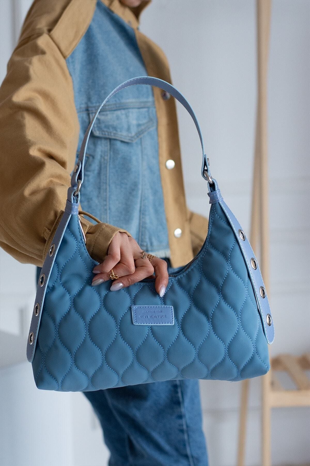Cochines Women s Light Blue Quilted Patterned Baguette Hand and Shoulder Bag