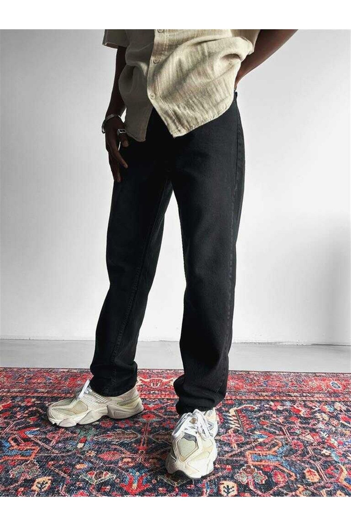 ablukaonline Yüksek Bel Baggy Fit Kot Pantolon Siyah