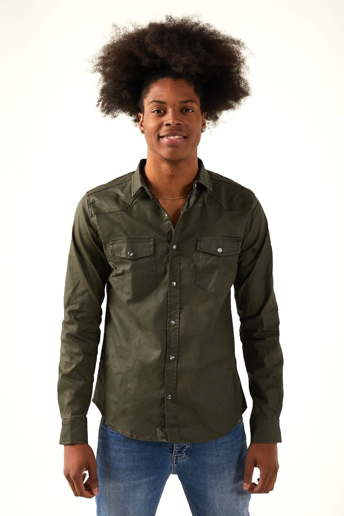 Army green denim shirt hot sale
