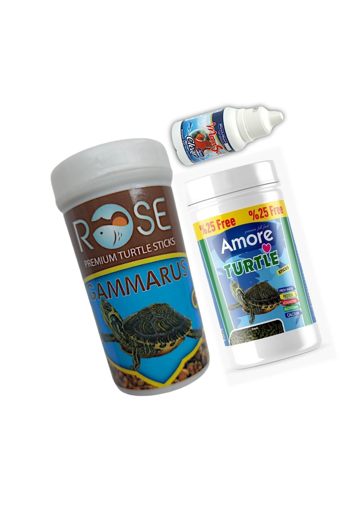 AMORE Rose Gammarus 250 Ml, Turtle Sticks 125 Ml Sürüngen Su Kaplumbağası Yemi Ve Clear Berraklaştırıcı