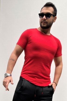 Erkek Kırmızı Uzun Oval Kesim Basic Tshirt TS02