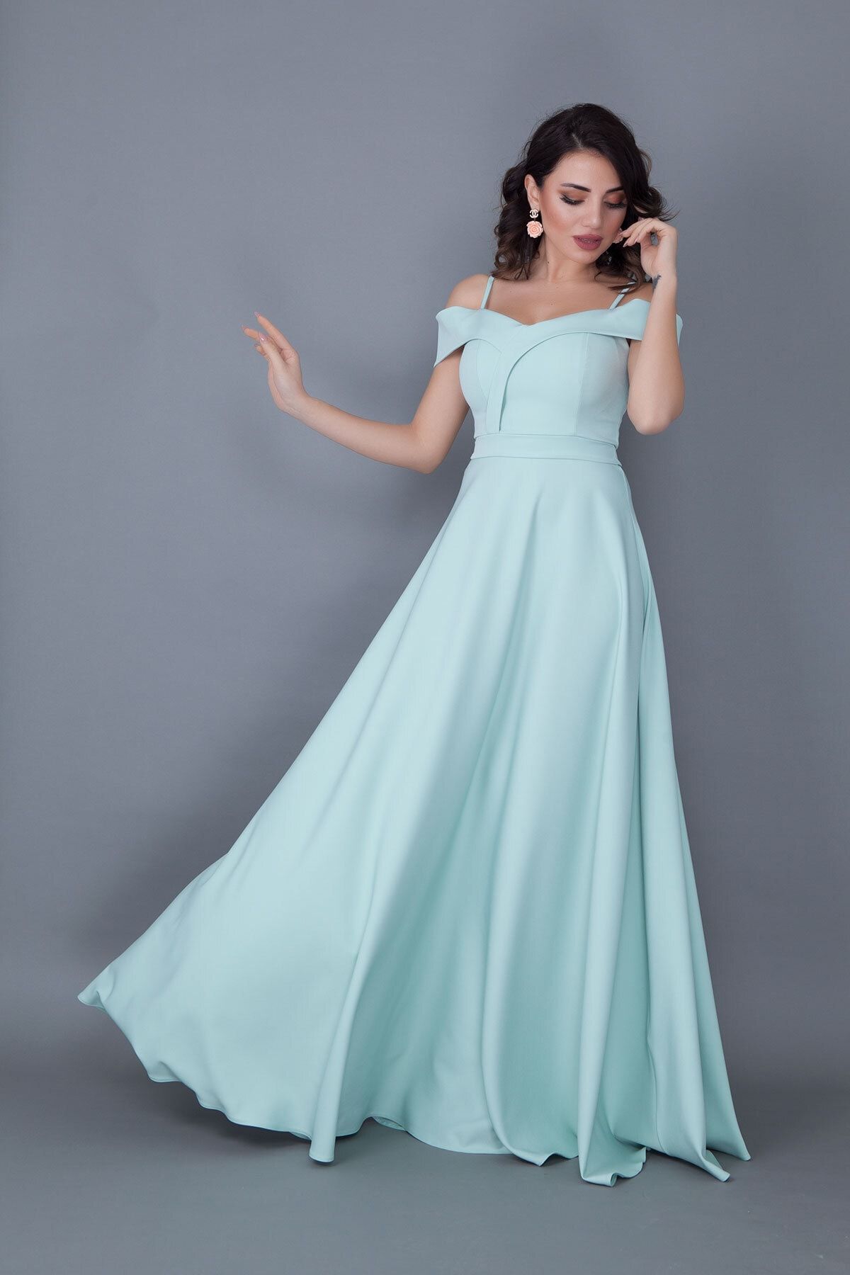 Bidoluelbise Women s Strappy Off Shoulder Detail Maxi Length Flared Mint Green Evening Dress Engagement and Graduation Dress Trendyol