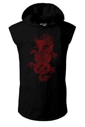 Unisex Siyah Dragon Baskılı Kapşonlu Kolsuz T-shirt ART502