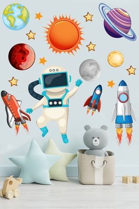 Uzayda Astronot Uzay Mekiği Gezegenler Ve Yıldızlar Duvar Sticker STCK03