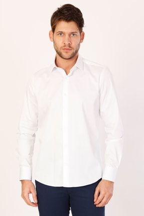 Erkek Klasik Yaka Slim Fit Beyaz Saten Gömlek ERTEN2509-01