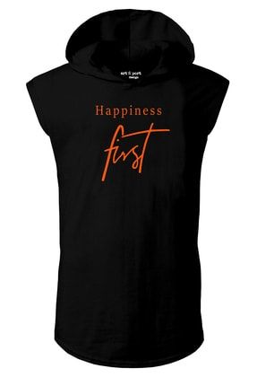 Unisex Siyah Happiness Kapşonlu Kolsuz T-shirt ART646