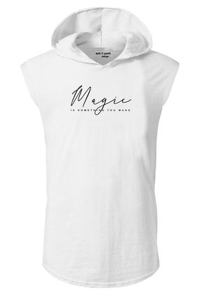 Unisex Beyaz Magic Kapüşonlu Kolsuz T-shirt ART671