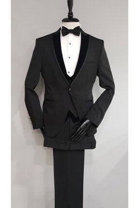 Siyah Slim Fit Kruvaze Yaka Damatlık Takım Elbise 069246