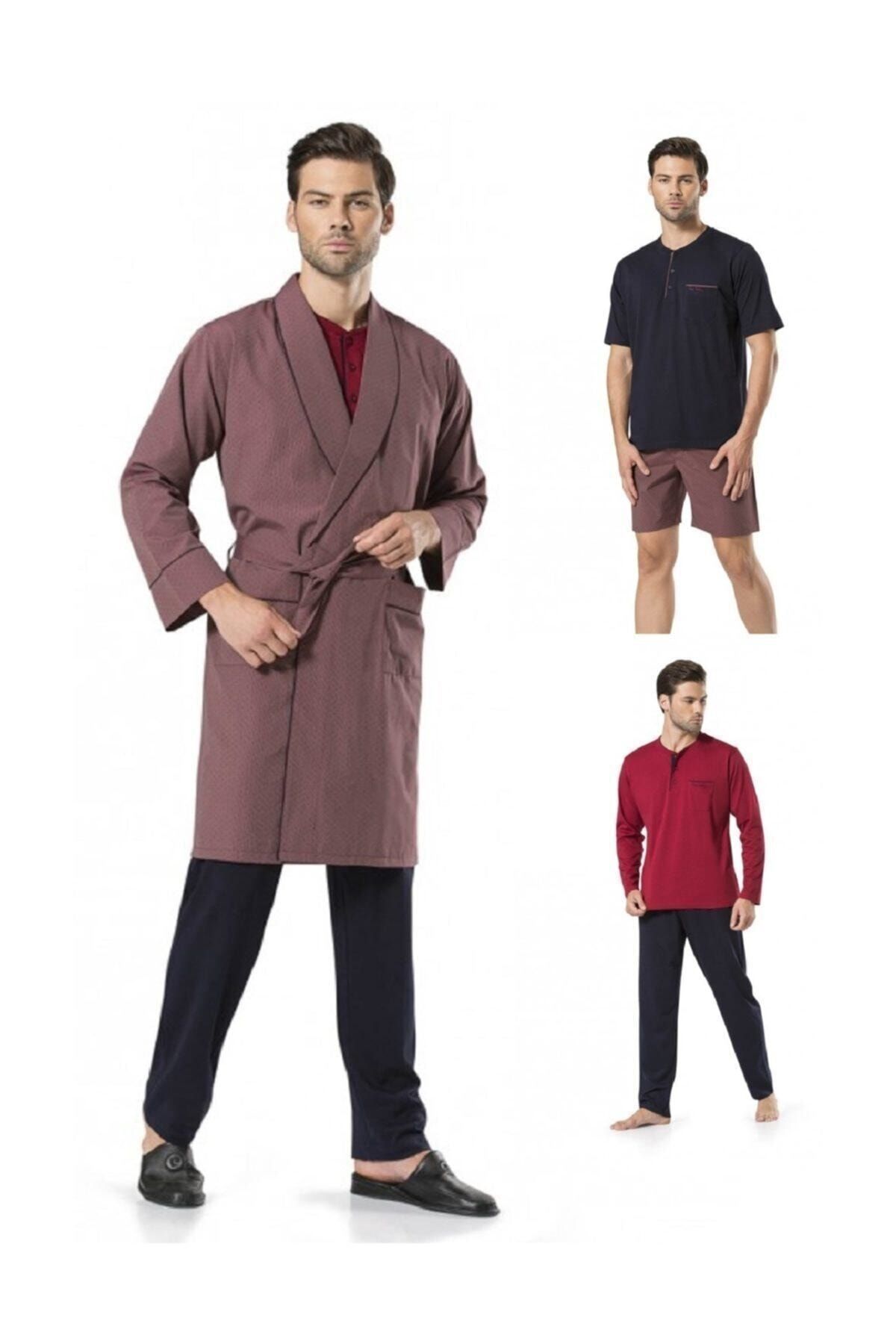 ست پیژامه قرمز مردانه لباس خواب و روپوش جهیزیه داماد 5 5560 Pierre Cardin