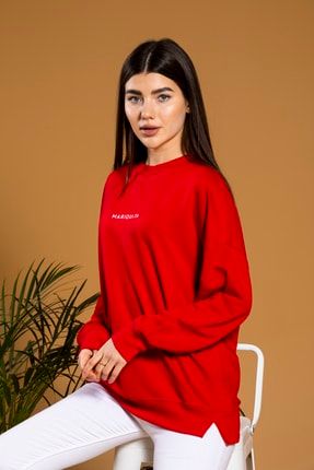Kadın Kırmızı Oversize Önü Yazılı Sweatshirt KKS444088