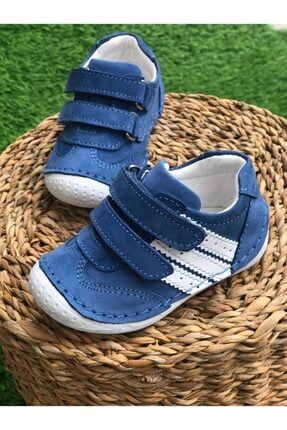 Unisex Bebek Mavi Hakiki Deri İlk Adım Ayakkabısı 2637-T