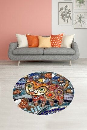Mozaik Renk Geçişli Kedi Desenli Dijital Baskı Yıkanabilir Kaymaz Taban Salon Halısı Ve Yolluk MEG1072