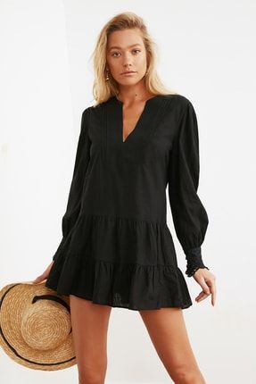 Siyah Dantel Şerit Detaylı Plaj Elbisesi TBESS21EL1086
