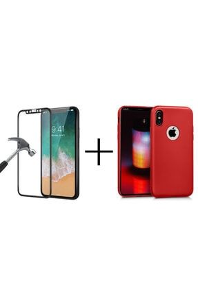 Iphone Xs Tam Kaplayan 9d Kırılmaz Cam Ve Sert Plastik Kırmızı Kılıf 2'li Set jacqXsRuberK+9D41254