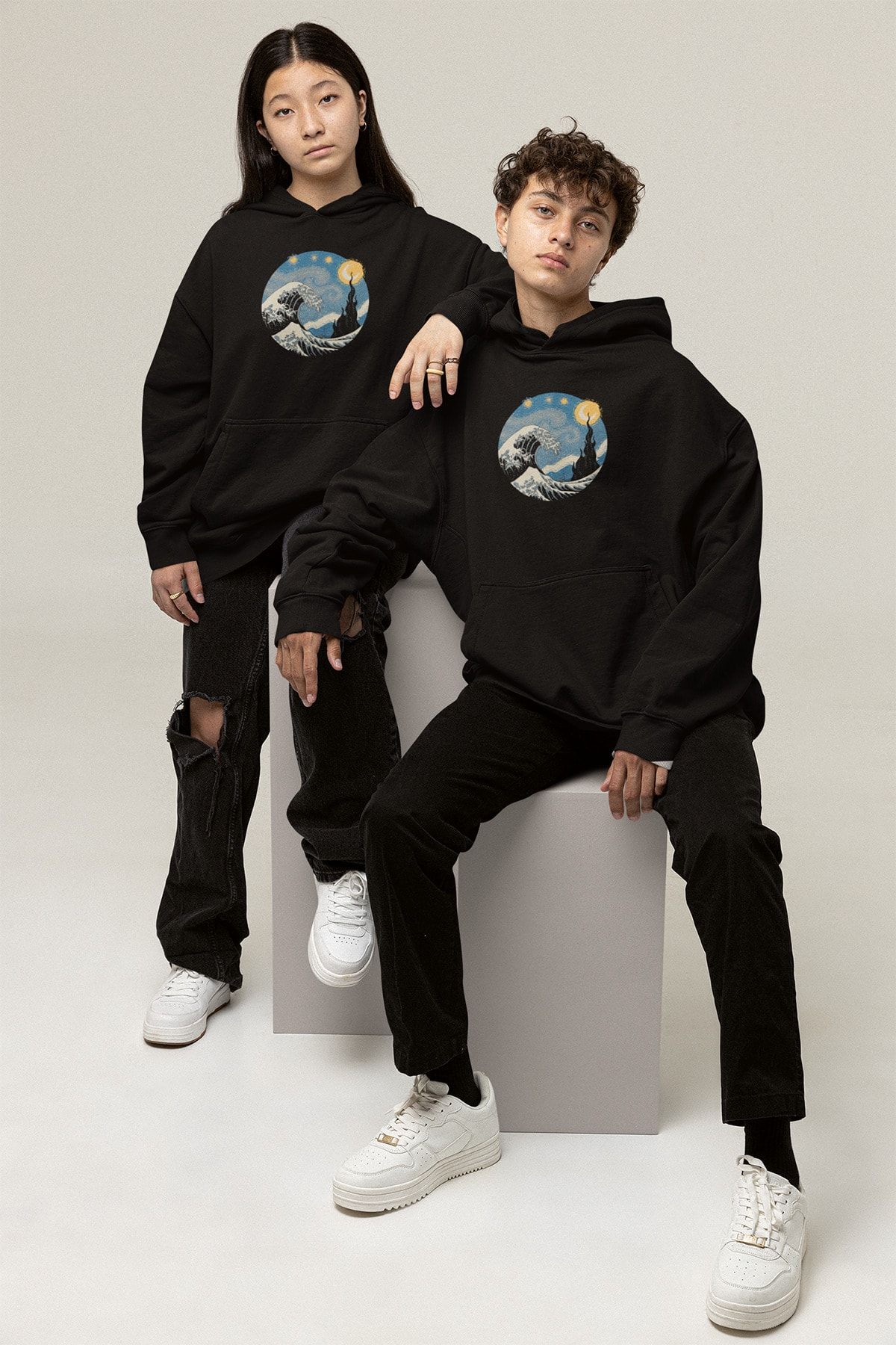Harmandar Yıldızlı Gece Wave - Dalga Baskılı Unisex Siyah Kanguru Cepli Kapüşonlu Sweatshirt Hoodie