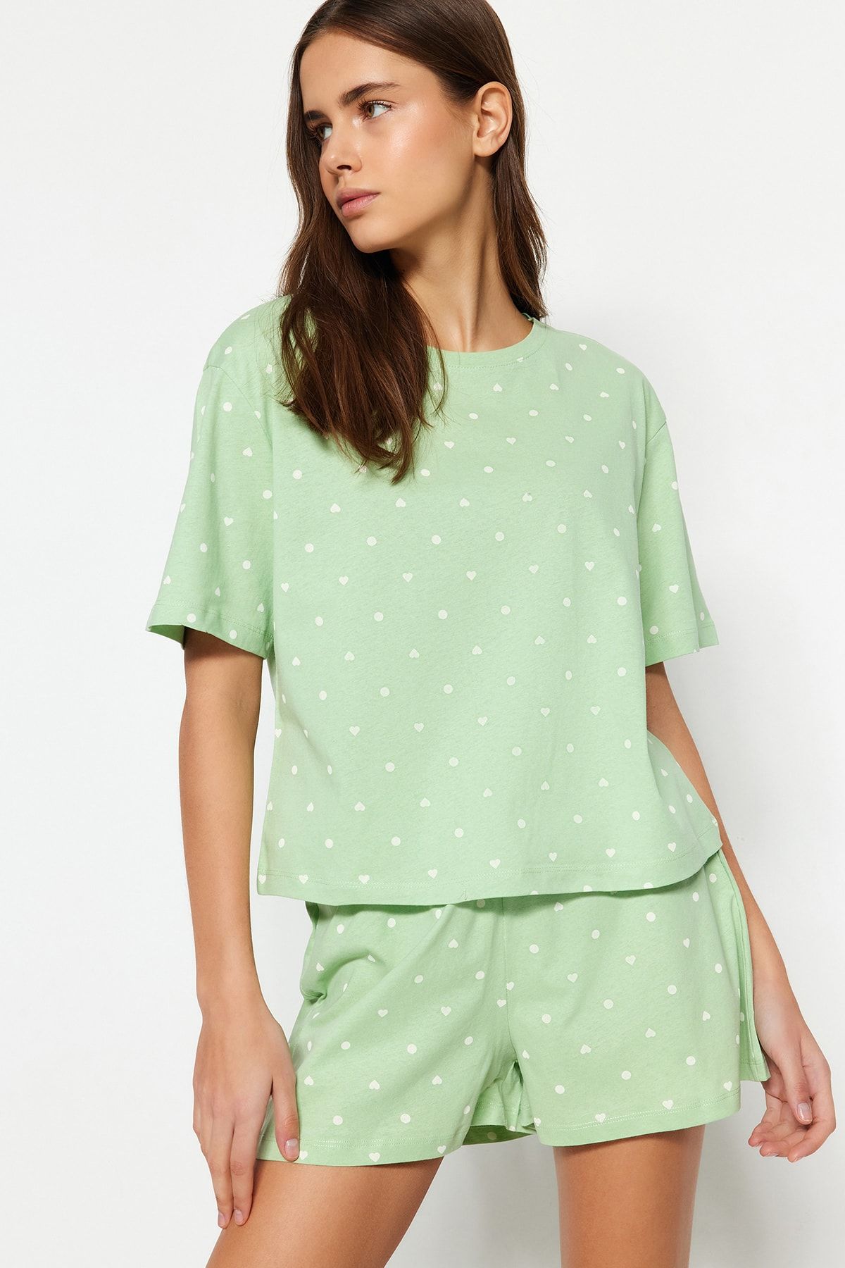 Trendyol Collection Baumwoll-pyjama-set Mit Mint-punkte Und Herzförmigen Shorts – für Damen - XS