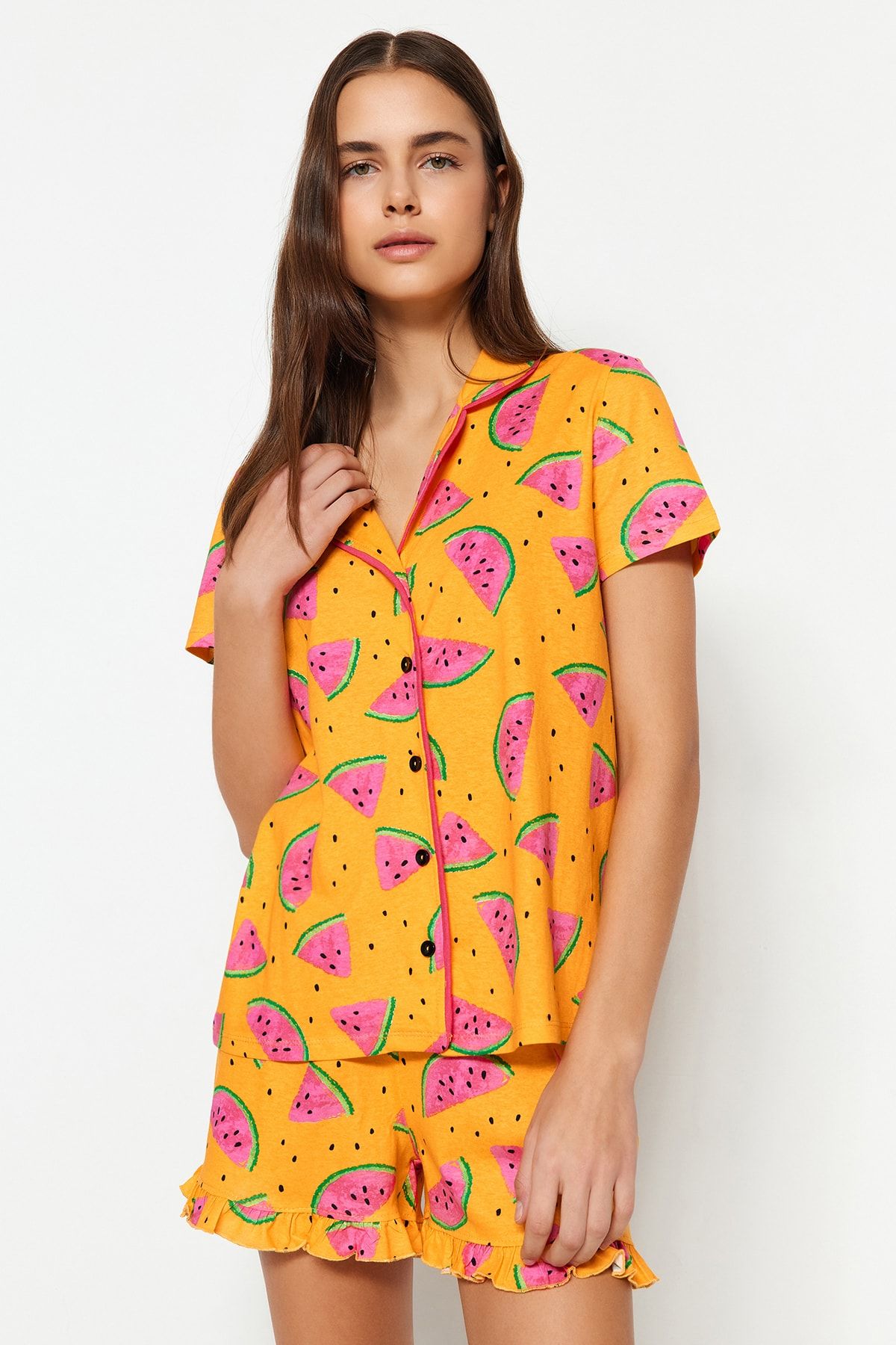 Trendyol Collection-Set de pijamale tricotate, portocaliu deschis, 100% bumbac, cu model pepene verde, cămașă și pantaloni scurți THMSS21PT0670 9