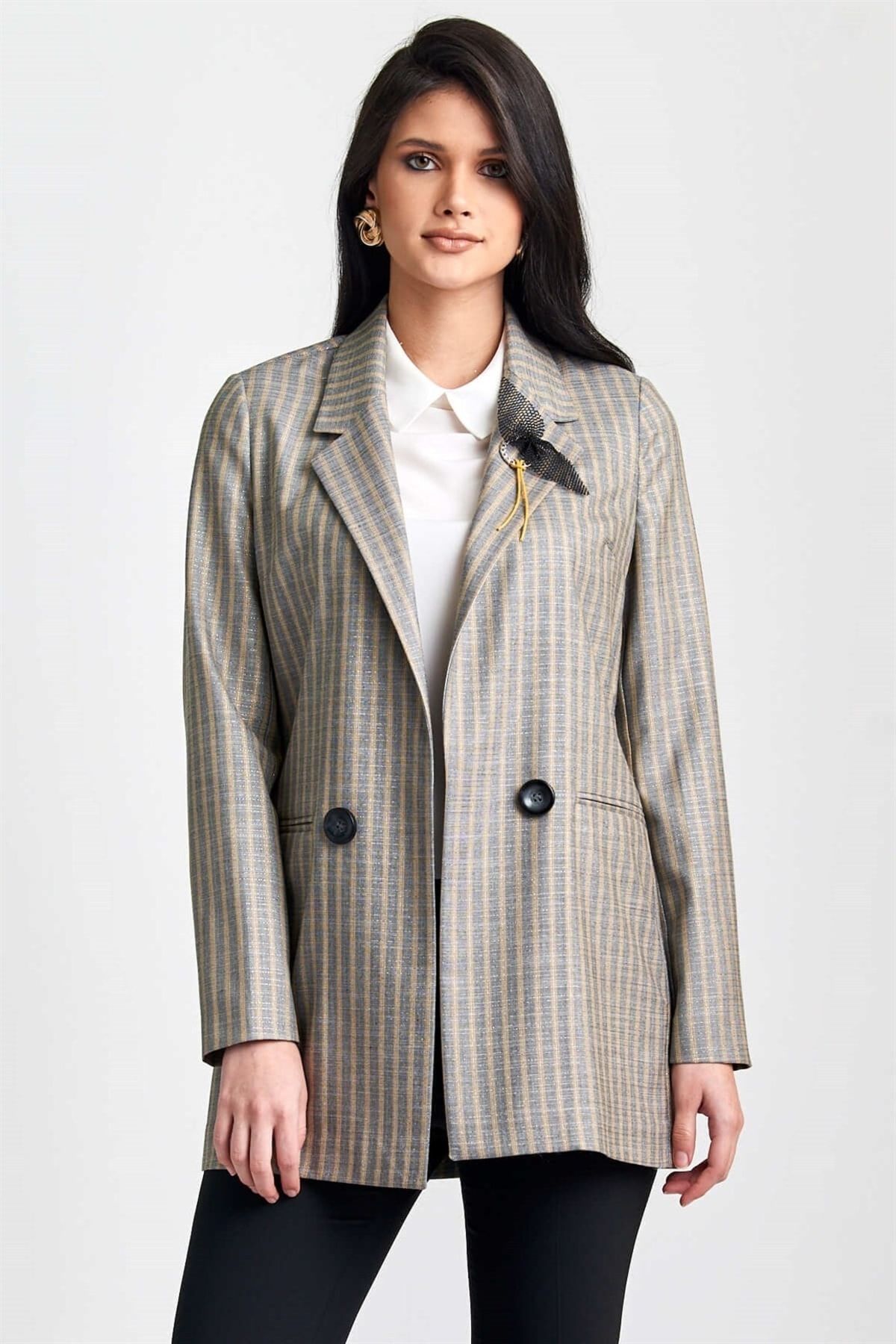 Esswaap-Striped Open Front Double Breasted Buttoned Jacket 1