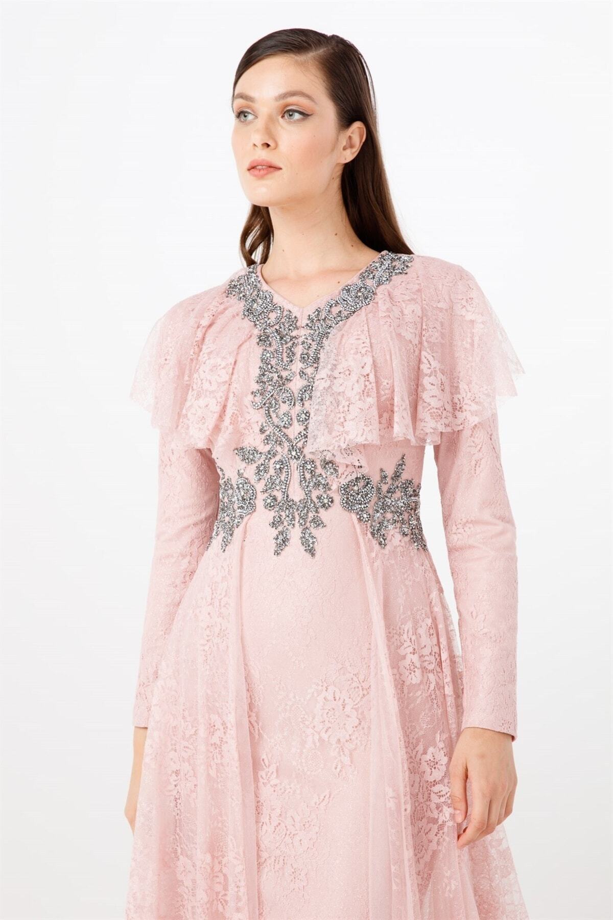 Esswaap-Powder Front Waist and Collar Stoned Flywheel Detailed Elegant Evening Dress 5