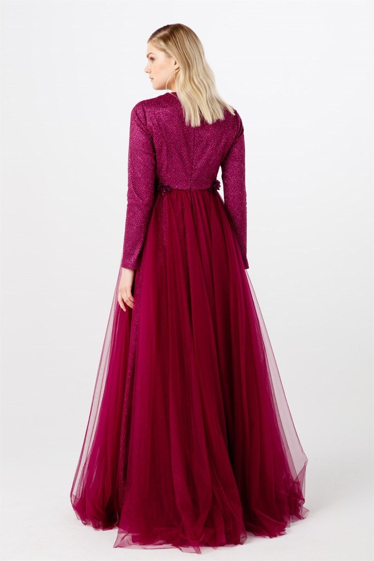 Esswaap-Fuchsia Bud Lace Evening Dress with Shirred Sides and Strings 7