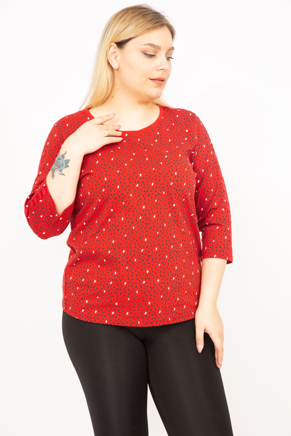 Şans-Women's Red Plus Size Cotton Fabric Sleeves Striped Blouse 65n35775 2