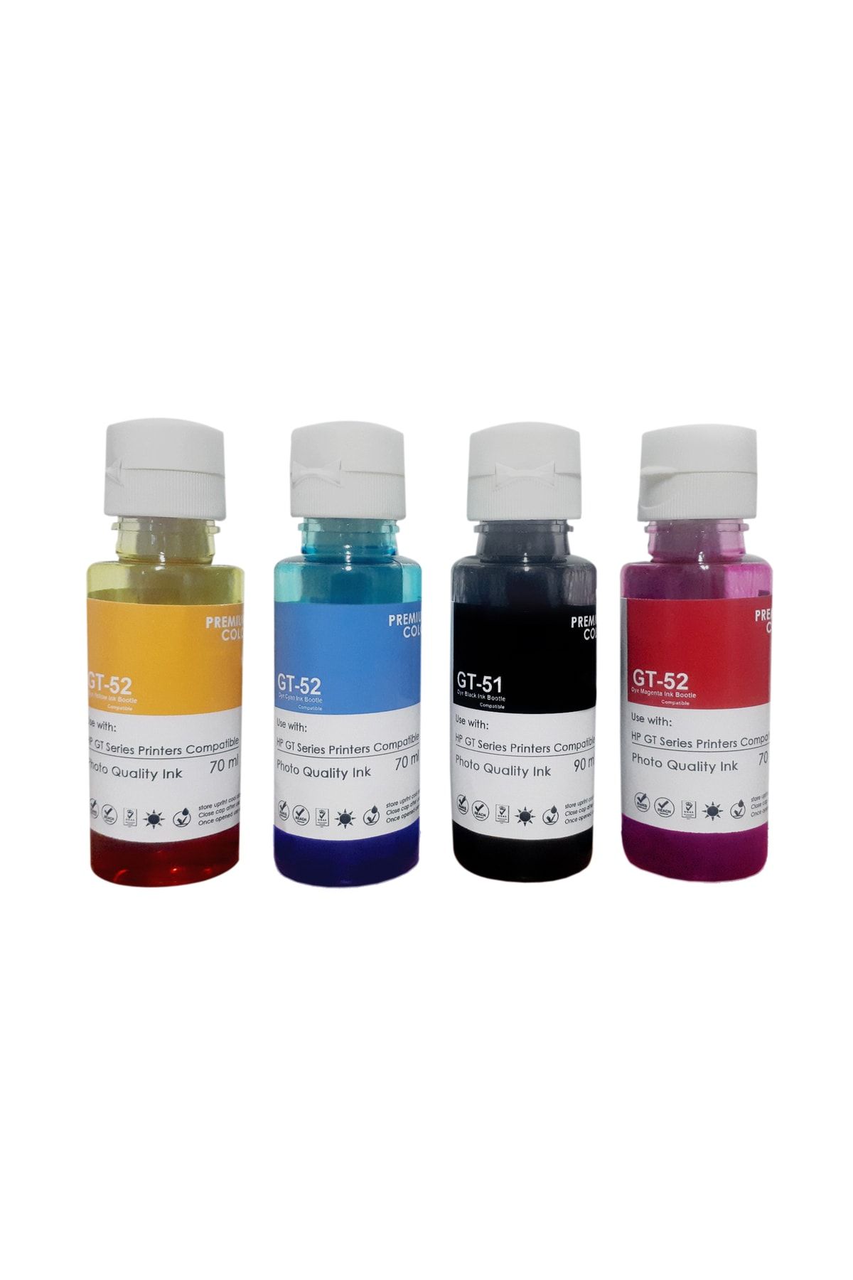 premium ink Hp Gt51 Gt52 Uyumlu Mürekkep 4 Renk Set ( Siyah 90 Ml / Renkliler 70'er Ml)